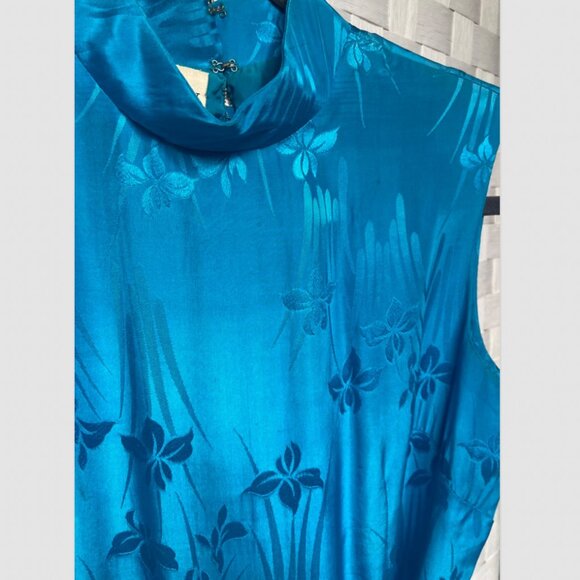 Vintage 1960s Dynasty 100% Silk Embossed Turquoise Belted Jumpsuit 10 Hong Kong - Picture 3 of 10